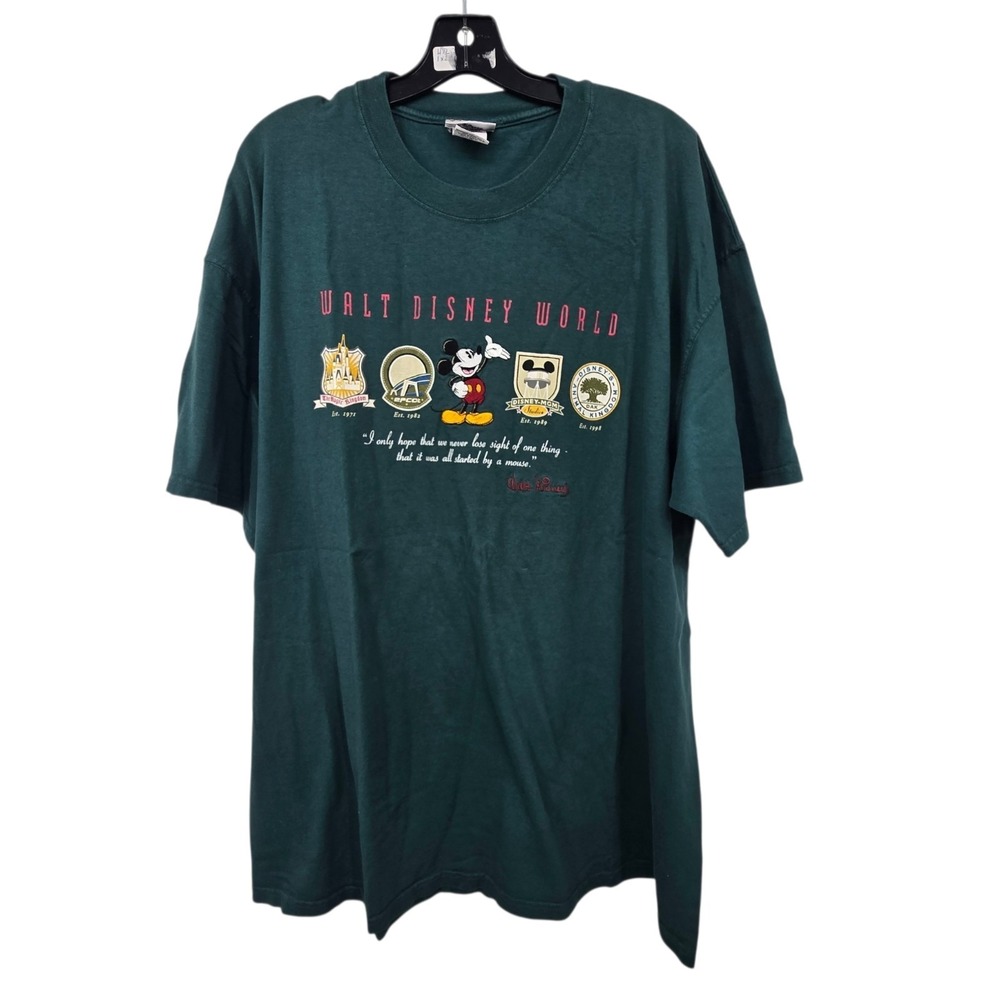Vintage Y2K Walt Disney World T-shirt Embroidery Quote Mickey Unisex‎ XL Green